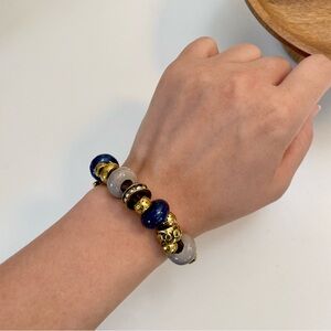 4/$15 Vintage Blue Grey Ceramic Beads Antique Gold Bronze Stretchy Bracelet